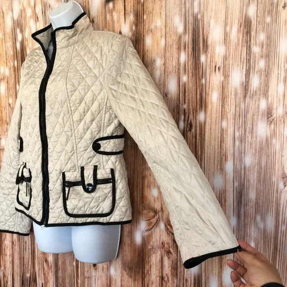 Ann Taylor Pearl White with Black Trim Quilted Zipper Jacket - Picture 2 of 6